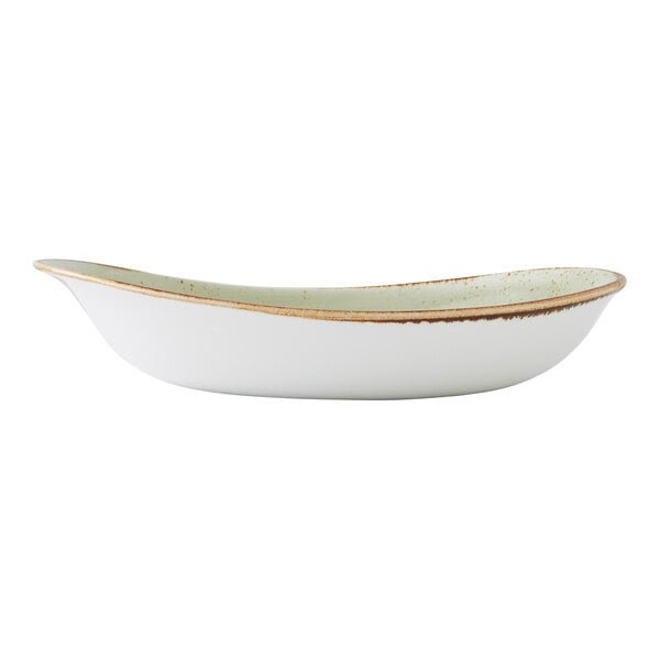 A green ceramic freestyle bowl with a rustic edge and a 32 oz. capacity.