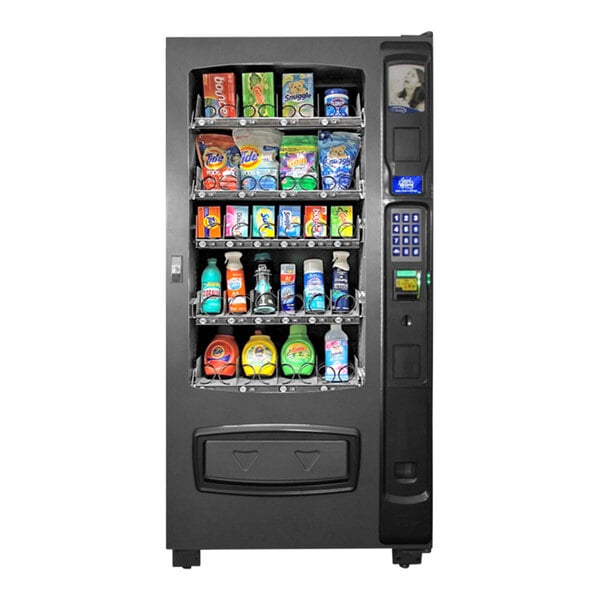 A VEND MACH ENV4L vending machine with drinks and snacks.