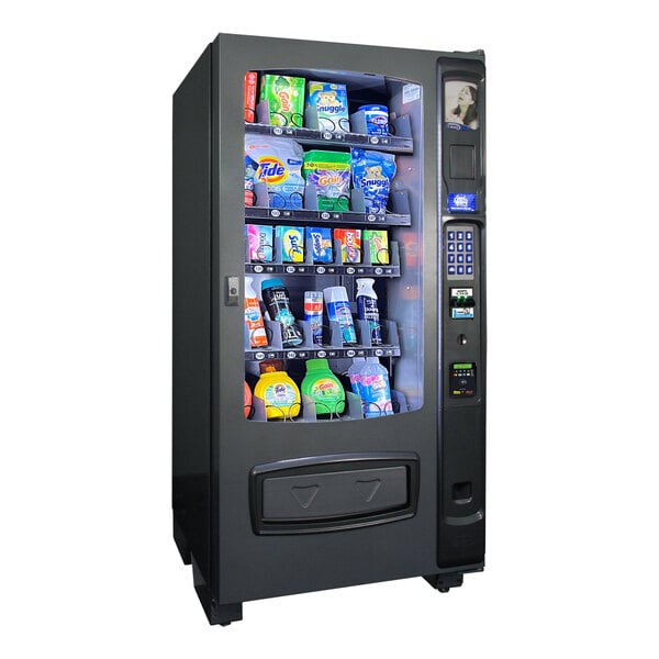 A black Seaga laundry vending machine with various products inside.