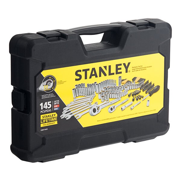A black Stanley tool box with yellow and black text.