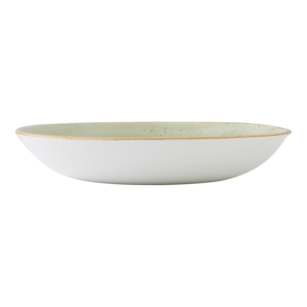 A shallow, round, green coupe bowl with a slightly rustic finish.