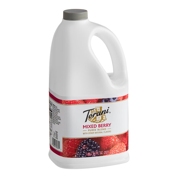 A white plastic jug of Torani Mixed Berry Puree Blend with a handle.