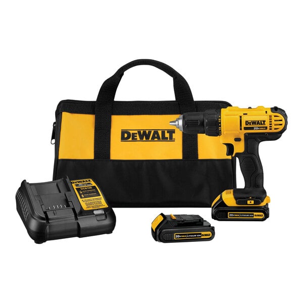 A yellow and black DeWalt tool bag with a DeWalt 20V cordless drill and battery kit inside.