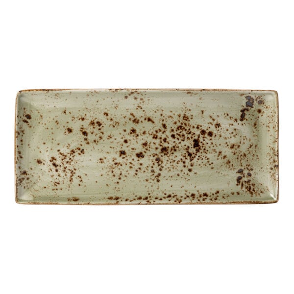 A Steelite rectangular tray with green and brown speckled spots.