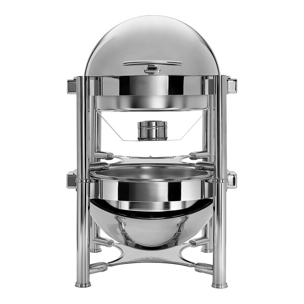A round stainless steel stackable roll top chafer with a traditional design.