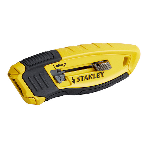 A Stanley Control-Grip retractable utility knife with a black and yellow handle.