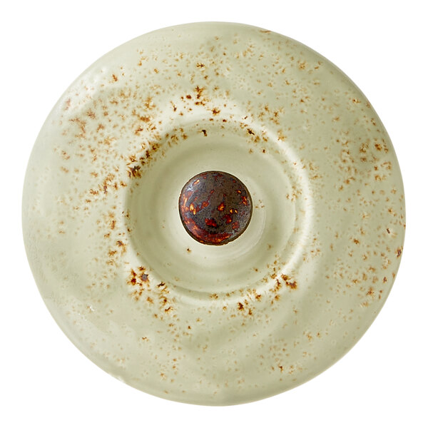 A round, speckled green ceramic lid with a central brown knob, designed for a 15 oz. soup bowl base.