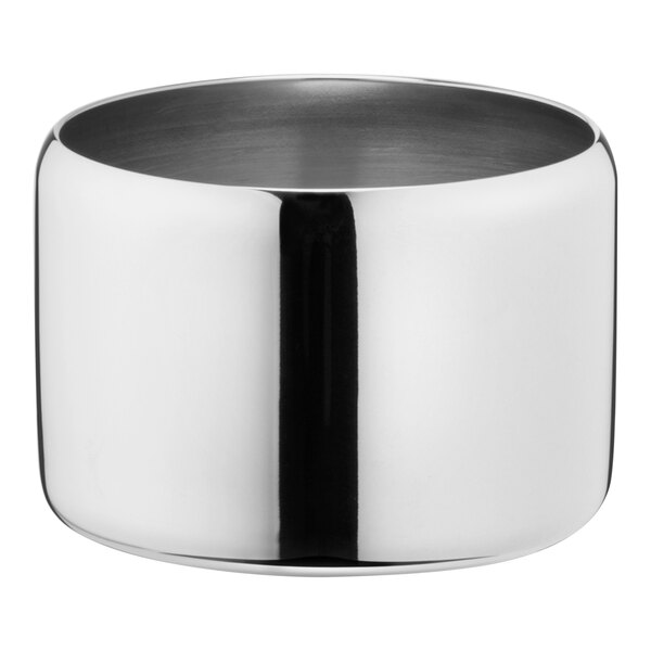 A stainless steel WNK by Steelite International Kent sugar bowl with a black rim on a white background.