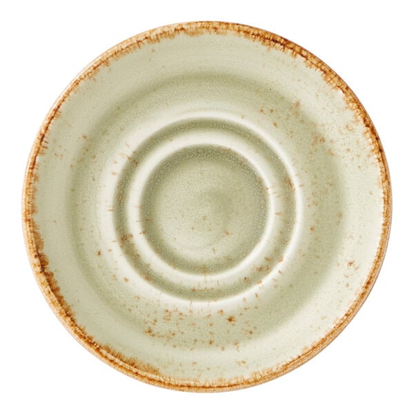 A round, green double well saucer with a rustic brown rim.