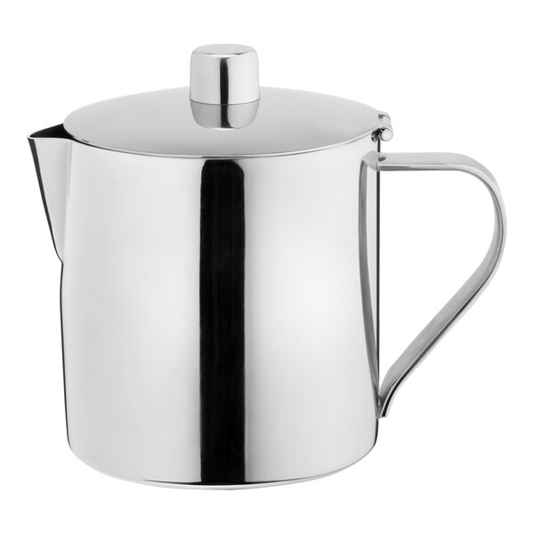 A silver stainless steel WNK Kent teapot with a handle and lid.