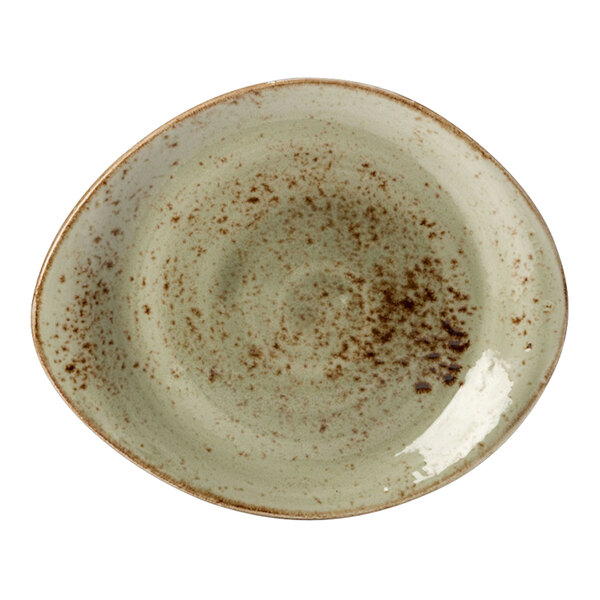 A Steelite Performance Craft green and brown speckled plate with a speckled surface.