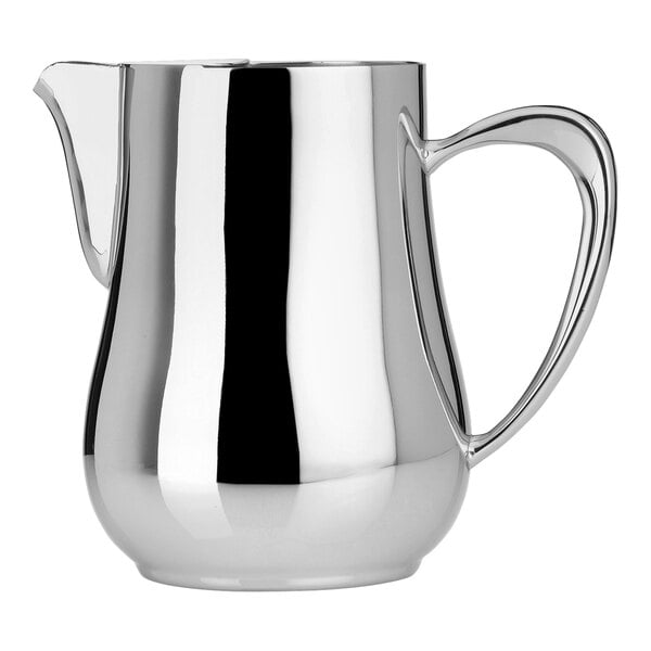 A silver WNK by Steelite International stainless steel pitcher with a handle.