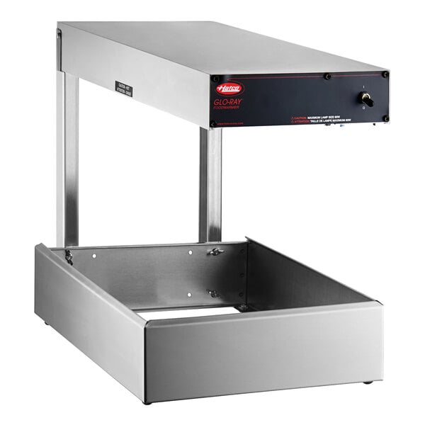 A stainless steel metal box with a Hatco logo and a drawer underneath.