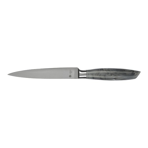 A Libbey stainless steel steak knife with a gray marble handle.