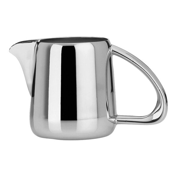 A silver stainless steel WNK by Steelite International milk jug with a handle.
