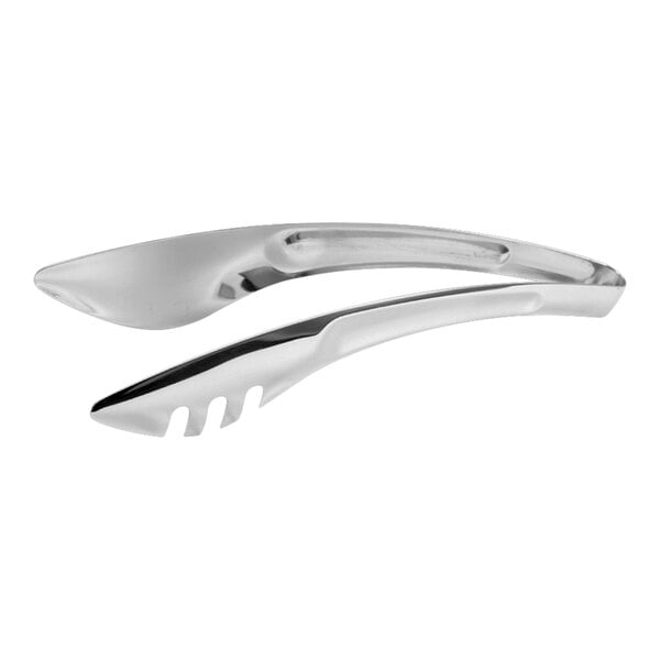 A pair of stainless steel bread tongs with scalloped edges and a sleek, modern design.