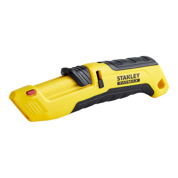 A yellow and black Stanley FATMAX Tri-Slide Auto-Retractable Safety Utility Knife.