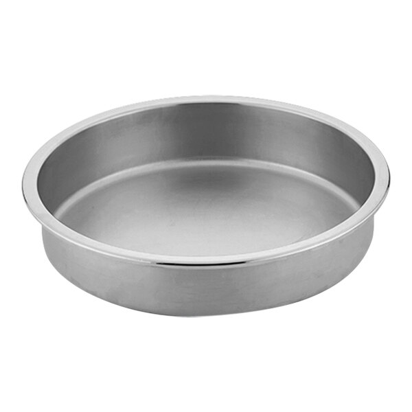 A round stainless steel food pan.