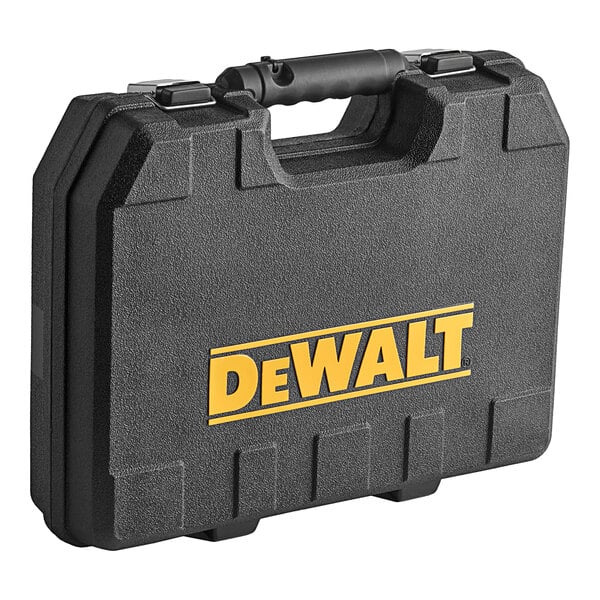 A black DeWalt tool case with yellow text on a table.