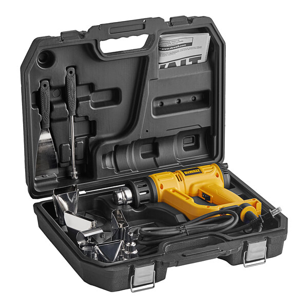 A DeWalt heat gun kit in a yellow and black carrying case.