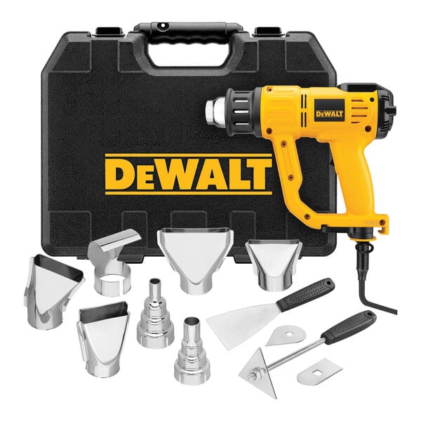 A DeWalt heat gun kit with a yellow drill on a black box.