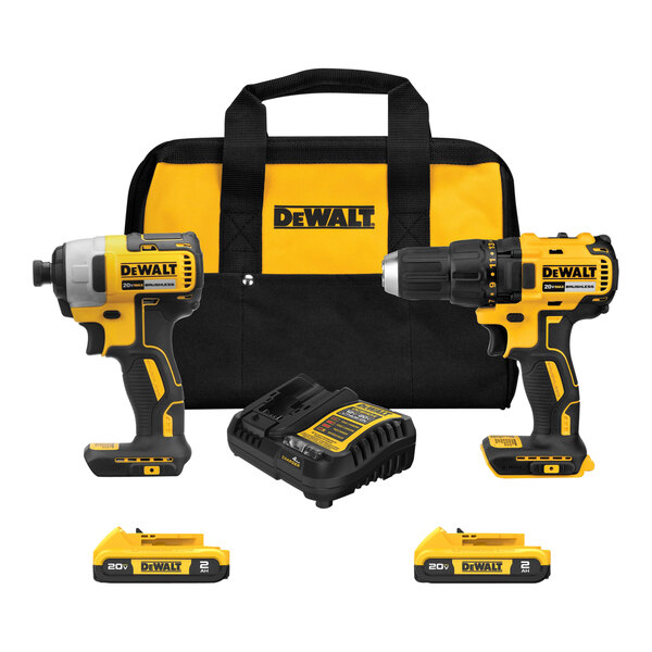 A yellow and black DEWALT cordless drill and charger.