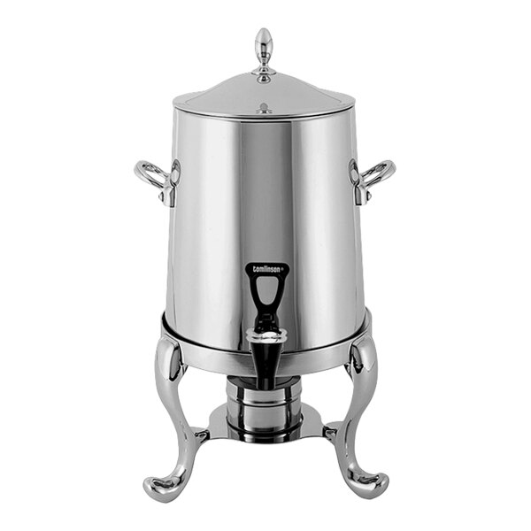 A stainless steel coffee urn with traditional legs and side handles.