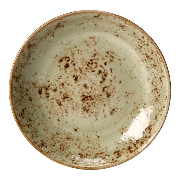 A Steelite green coupe bowl with brown and green speckles.