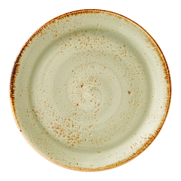 A round, green coupe plate with a speckled pattern and a brown rim.