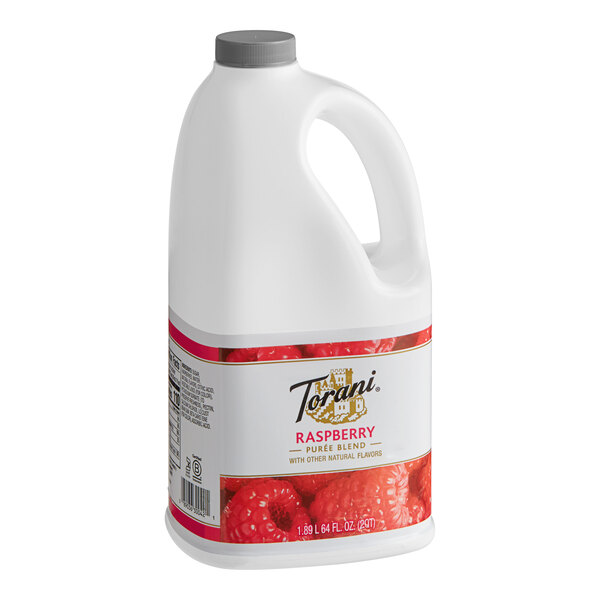 A white jug of Torani Raspberry Puree Blend with a red label.