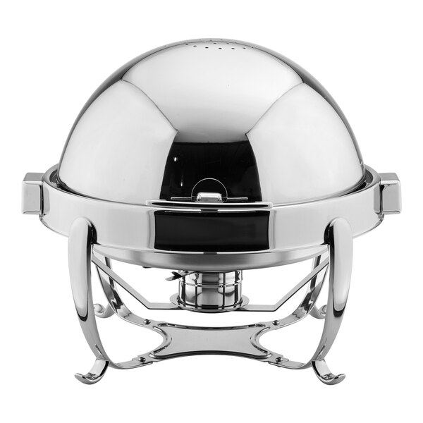 A round stainless steel roll top chafer with a dome lid and sturdy legs.