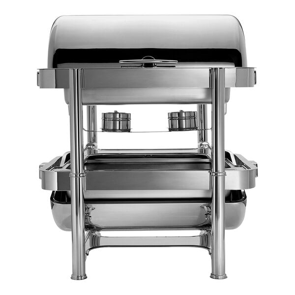 A full-size rectangular stainless steel roll top chafer with a stackable design.