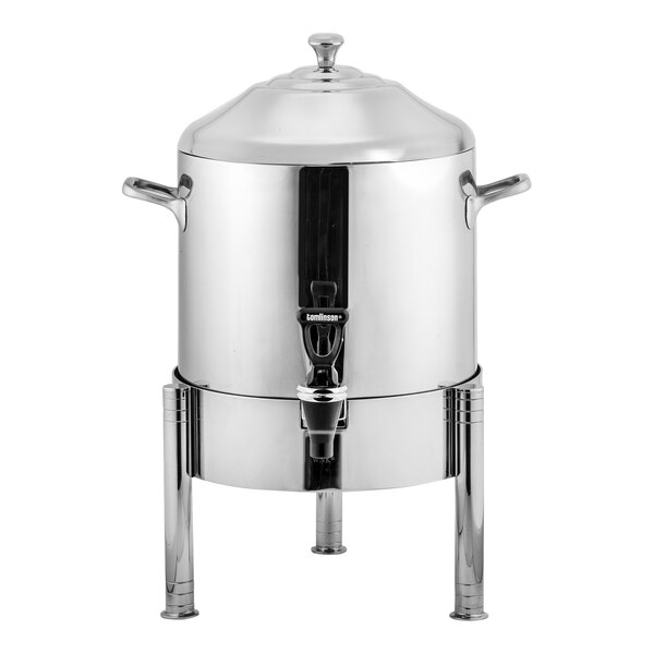 A stainless steel double wall coffee urn with straight legs and side handles.