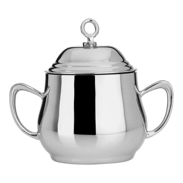 A WNK stainless steel sugar bowl with handles and a lid.