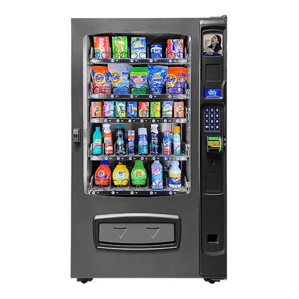 A VEND MACH ENV5L vending machine with drinks and snacks.