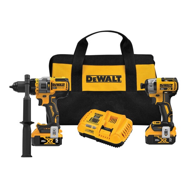 A yellow and black DeWalt cordless drill in a yellow and black tool bag.