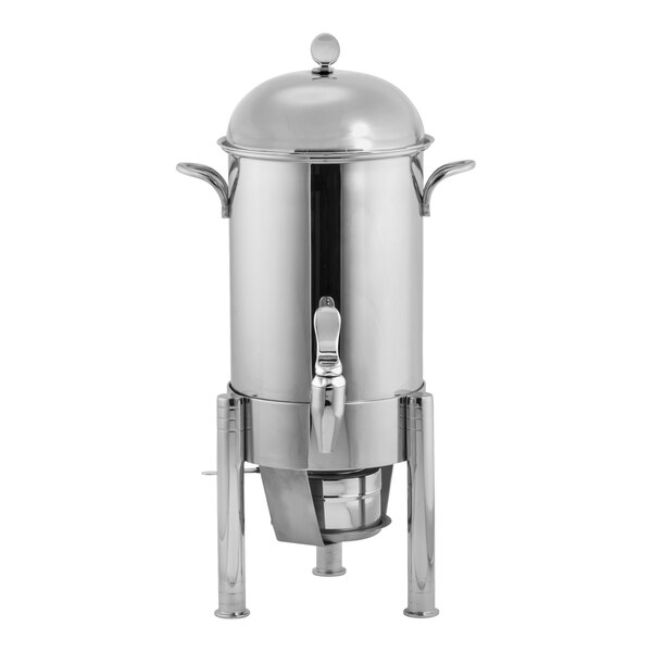 A stainless steel coffee urn with straight legs and a spigot, designed for serving hot beverages.