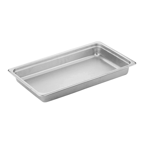 A rectangular stainless steel chafer food pan.