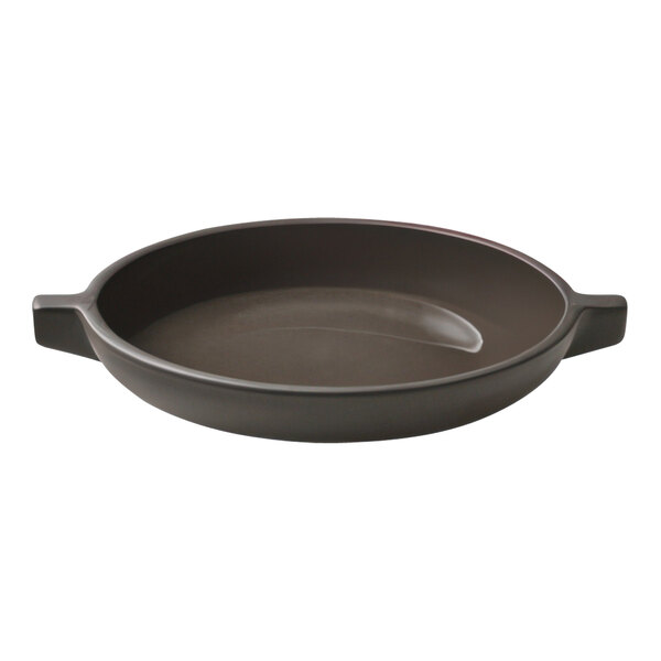 A taupe Playground ReNew stoneware plate with handles.
