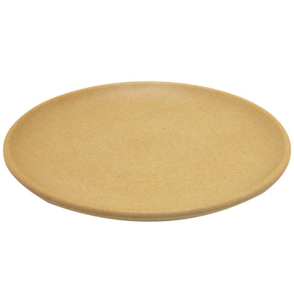 A close-up of an Elite Global Solutions rattan-colored round plate with a round rim.