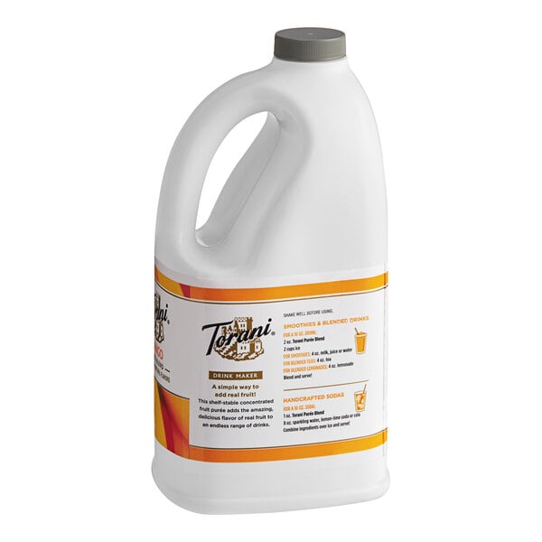 A white jug of Torani Mango Puree Blend with an orange label.