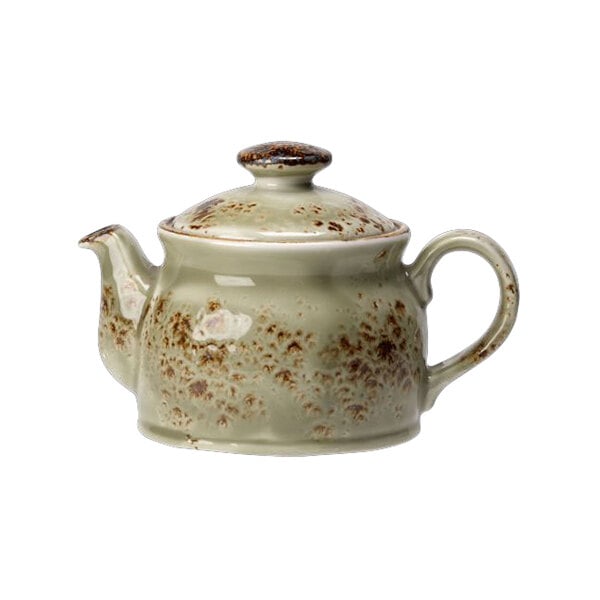 A green and brown Steelite Performance Craft teapot with a lid and handle.
