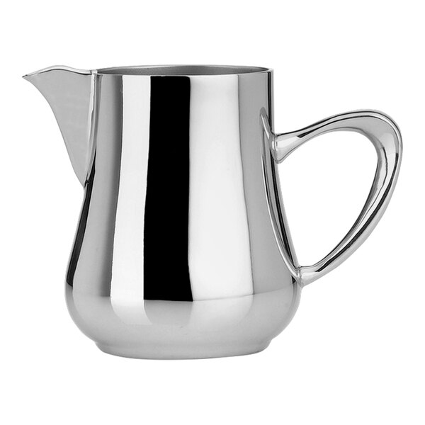 A WNK by Steelite International stainless steel milk jug with a handle.