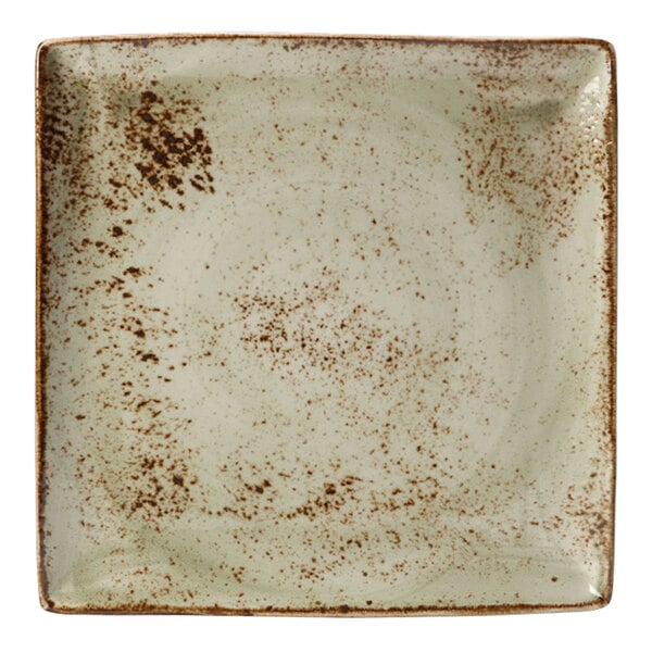 A green square tray with brown specks on it.