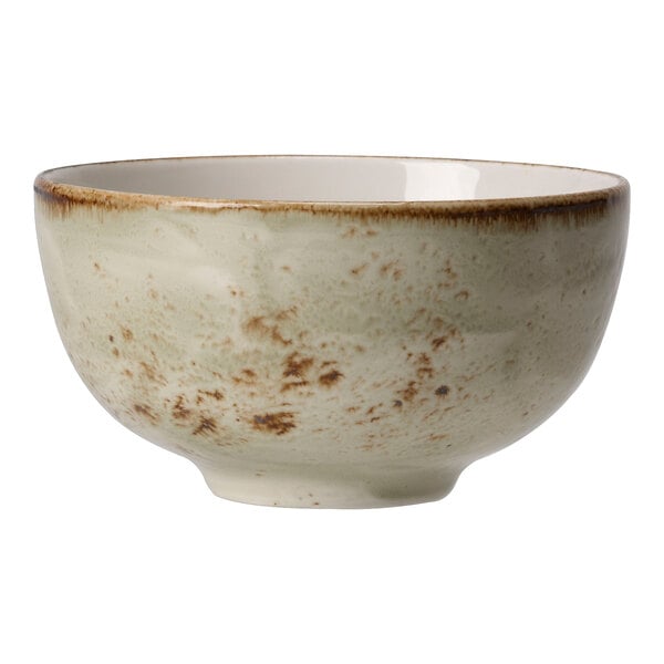 A white Steelite Performance Craft bowl with a brown speckled rim.