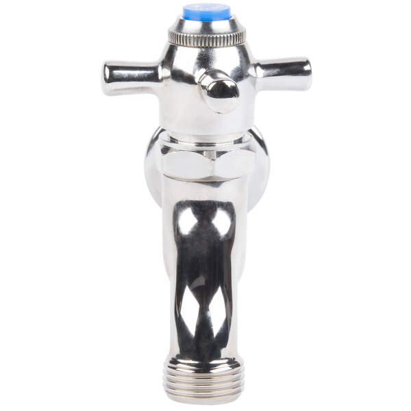 A silver T&S wall-mount faucet with a blue cap.