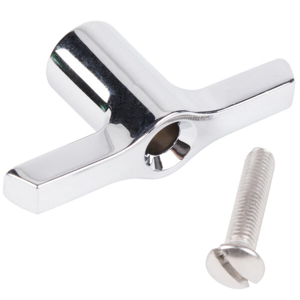 A close-up of a T&amp;S wall-mount hose bib handle with a screw.