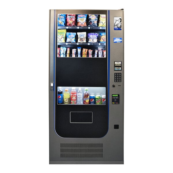 A VEND MACH QUICK BREAK combo vending machine with snacks and drinks on the front.