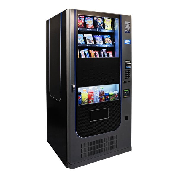 A Seaga vending machine with snacks and drinks on shelves and a black and blue U-shaped graphic.