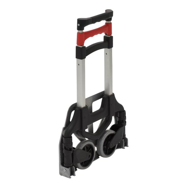 A Vestil aluminum foldaway hand truck with red and black wheels and a handle.